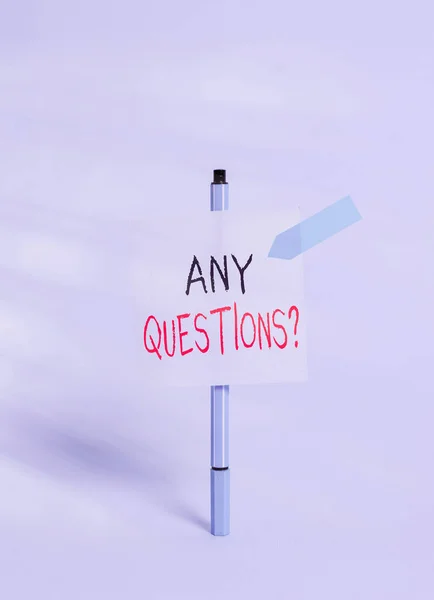 Conceptual hand writing showing Any Questions Question. Business photo showcasing you say write order to ask demonstrating about something Ballpoint sticky note arrow banner peaceful cool background.