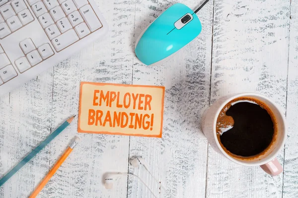 Text sign showing Employer Branding. Conceptual photo promoting company employer choice to desired target group technological devices colored reminder paper office supplies keyboard mouse.