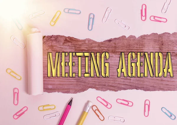 Word writing text Meeting Agenda. Geschäftskonzept für Dinge, die die Teilnehmer bei einem Meeting zu erreichen hoffen. — Stockfoto
