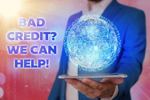 Text sign showing Bad Credit Question We Can Help. Conceptual photo offering help after going for loan then rejected Elements of this image furnished by NASA. — Stock Photo, Image