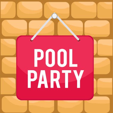 El yazısı Havuz Partisi. Yüzme havuzunda aktivite içeren konsept demek. Renkli hatırlatıcı boş tahta boşluğu arka plan dikdörtgenini ekle.