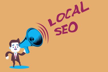 Yerel Seo 'yu gösteren mesaj işareti. Kavramsal fotoğraf web sitenizi Takım Elbiseli Kulaklıklı Yerel bir izleyici için daha iyi sıralamak için optimize eder Ses simgesi ile bir Megafon Tutarak Ayakta Duran.