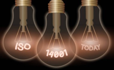 Iso 14001 'i gösteren kavramsal el yazısı. İş fotoğrafı, çevre yönetimi ile ilgili standartlar ailesi ile ilgili..