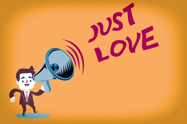 A Just Love felirat. Koncepcionális fotó, hogy érdekli fizikailag valaki Egy érzelmi kötődés Férfi öltöny Earpad Álló Mozgó gazdaság egy hangosbeszélő ikon. — Stock Fotó