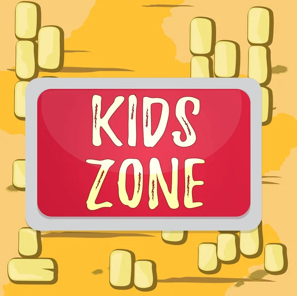 Tekst do pisania słów Kids Zone. Koncepcja biznesowa dla obszaru lub regionu zaprojektowanego tak, aby umożliwić dzieciom zabawę i cieszyć się prostokątną białą ramą pustą pustą pustą przestrzenią stałą powierzchnię kolorystyczną deski. — Zdjęcie stockowe
