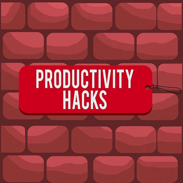 Handwriting text writing Productivity Hacks. Concept meaning tricks that you get more done in the same amount of time Label tag badge rectangle shaped empty space string colorful background. — Stock Photo, Image