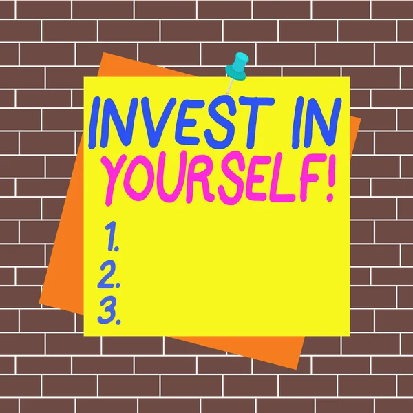 Text sign showing Invest In Yourself. Conceptual photo nvesting in a coach or a training to learn new things Reminder color background thumbtack tack memo attached office pin square. — Stock Photo, Image