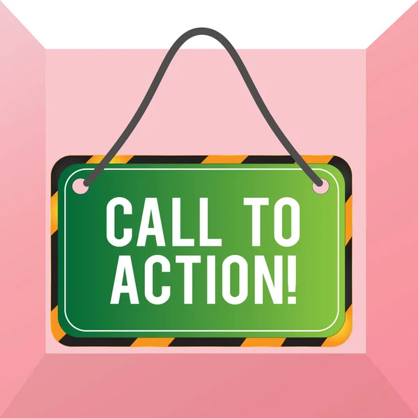 Konceptuell handstil som visar Call To Action. Business foto text uppmaning göra något för att uppnå målet med problemet styrelse bifoga sträng färg svart gul ram rektangel form. — Stockfoto