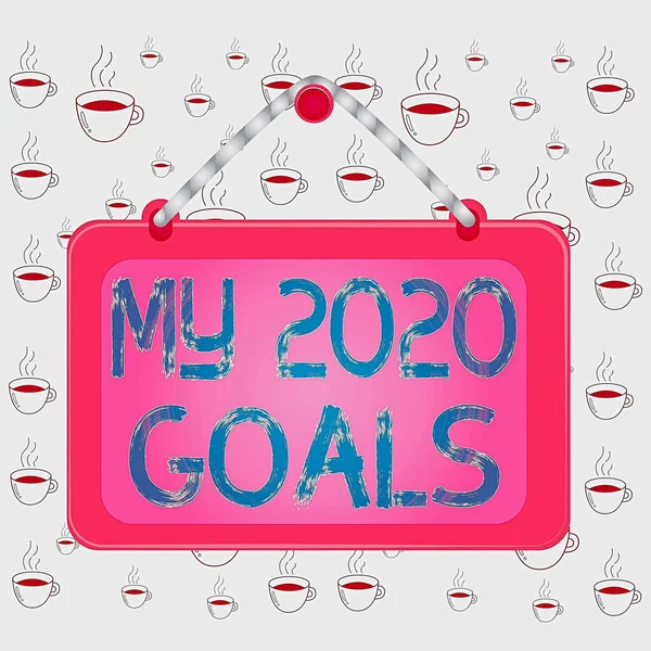 Γραπτό σημείωμα που δείχνει τους στόχους μου για το 2020. Business photo showcasing setting up personal goals or plans for the current year Διοικητικό Συμβούλιο σταθερό πλαίσιο καρφί χρωματισμένο φόντο ορθογώνιο πίνακα. — Φωτογραφία Αρχείου