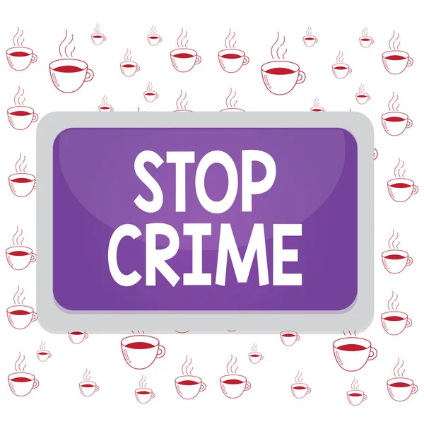 Writing note showing Stop Crime. Business photo showcasing the effort or attempt to reduce and deter crime and criminals Board rectangle white frame empty blank space fixed color surface plank. — Stock Photo, Image