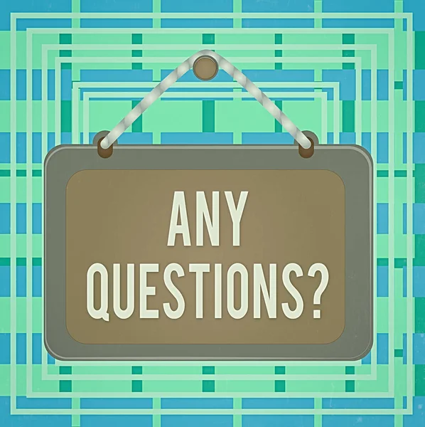 Text sign showing Any Questions Question. Conceptual photo you say write order to ask demonstrating about something Board fixed nail frame string striped colored background rectangle panel. — Stock Photo, Image