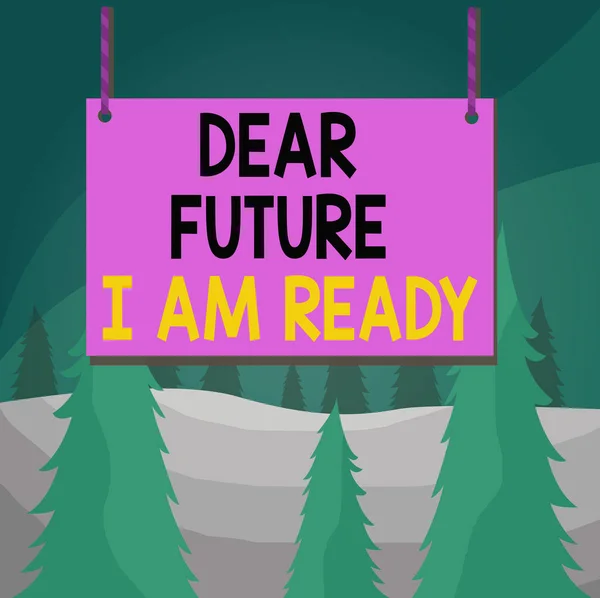 Word writing text Dear Future I Am Ready. Business concept for state action situation being fully prepared Wooden board wood rectangle shape empty frame fixed colorful striped string.