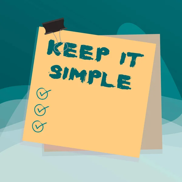 Writing note showing Keep It Simple. Business photo showcasing to make something easy to understand and not in fancy way Paper stuck binder clip colorful background reminder memo office supply. — Stock Photo, Image
