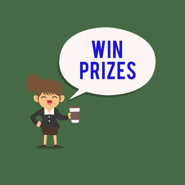 Writing note showing Win Prizes. Business photo showcasing something given for victory in a contest or competition Female Hu analysis Wearing Uniform coffee Cup Speech Bubble. — Stock Photo, Image