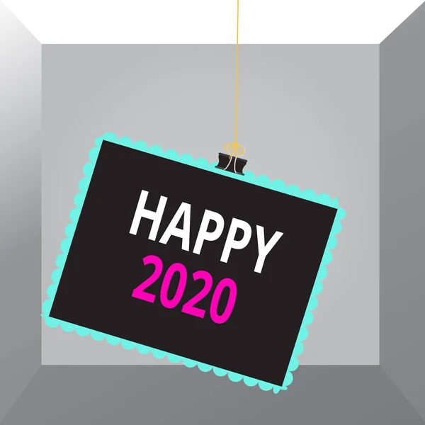 Fogalmi kézírás bemutató Happy 2020. Üzleti fotó szöveg érzés mutatja, vagy okoz öröm vagy elégedettség 2019 Bélyegző ragasztott kötőanyag klip négyzet színű keret lekerekített tipp. — Stock Fotó