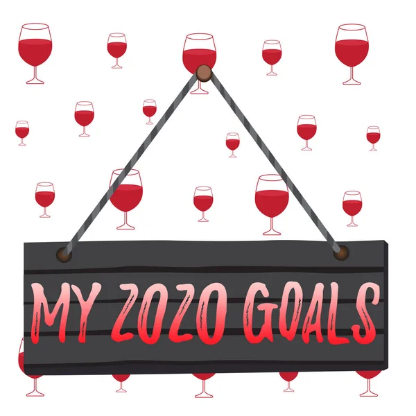 Text sign showing My 2020 Goals. Conceptual photo setting up personal goals or plans for the current year Wood plank nail pin string board colorful background wooden panel fixed.