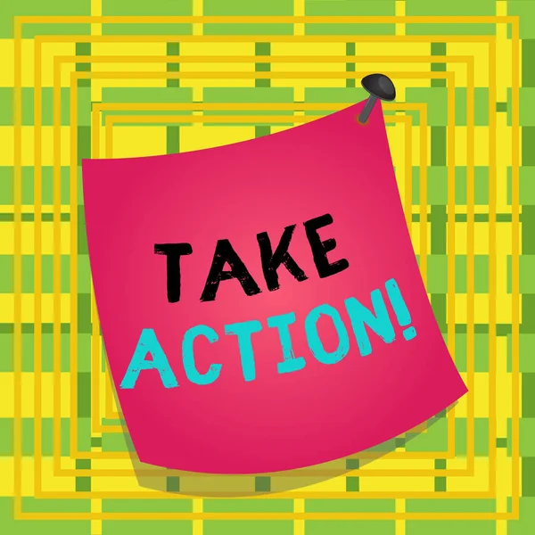 Text sign showing Take Action. Conceptual photo do something official or concerted to achieve aim with problem Curved reminder paper memo nailed colorful surface stuck blank pin frame.