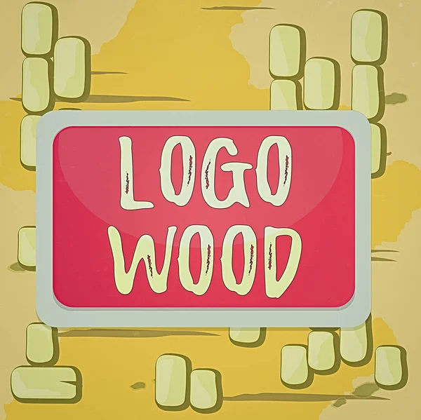 Kelime yazma Logosu Wood. Tahta dikdörtgen üzerine kazınmış bir şirketin tanınabilir tasarımı veya sembolü için iş konsepti boş boş kare boş renk yüzey tahtası. — Stok fotoğraf