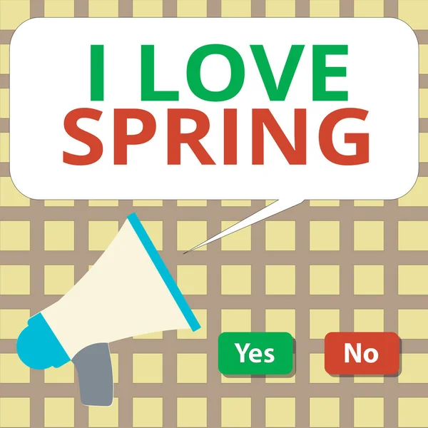 Píšu dopis ukazující, že miluji jaro. Obchodní foto ukazuje, proč mají silnou náklonnost k této sezoně Výběr Tlačítko zelená a červená s bublina řeči Megaphone. — Stock fotografie