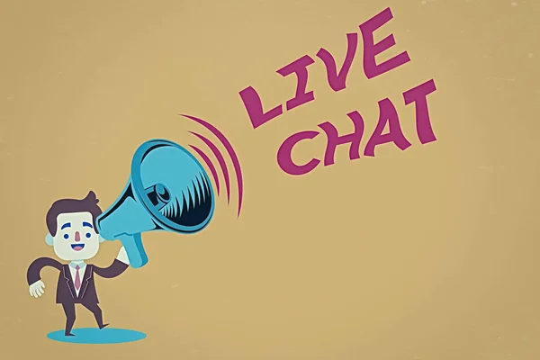 Text sign showing Live Chat. Conceptual photo talking with friend or someone through internet and PC phone Man in Suit Earpad Standing Moving Holding a Megaphone with Sound icon.