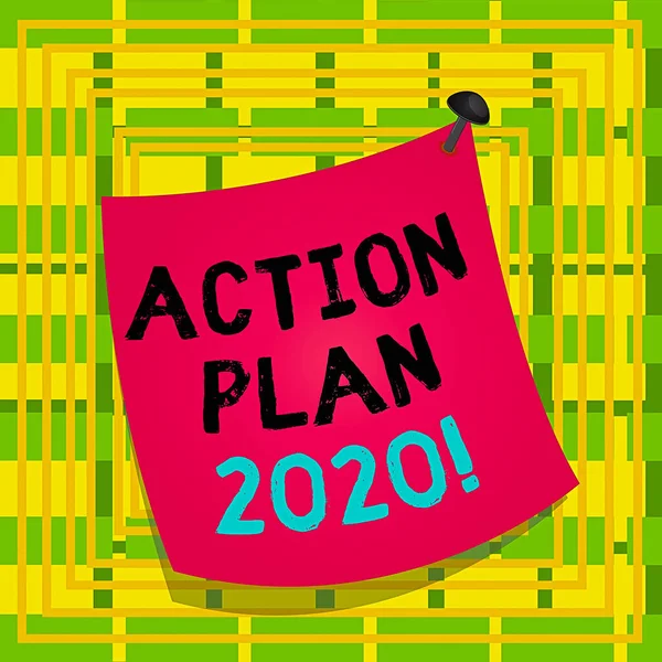 Text sign showing Action Plan 2020. Conceptual photo proposed strategy or course of actions for current year Curved reminder paper memo nailed colorful surface stuck blank pin frame.