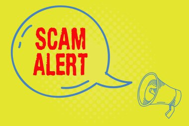 Kelime yazma dolandırıcılığı alarmı. Birini entrika veya dolandırıcılık hakkında uyarmak için iş konsepti Parlak ikon ve Taslak Megafonlu olağandışı Boş Şeffaf Konuşma Baloncuğu.