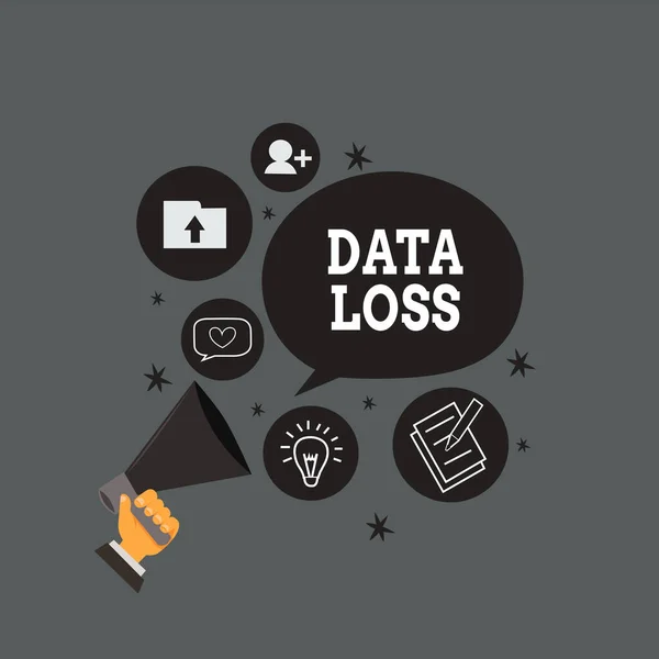 A Data Loss-t ábrázoló levél. Business photo showcasing process or event that results in the data being corrupted and delete Kézi gazdaság Megafon beszélgetés Különböző témák Beszédbuborék. — Stock Fotó