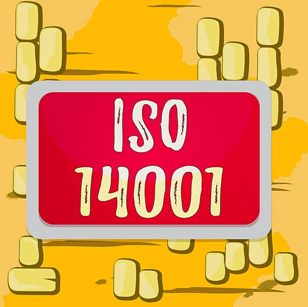 텍스트 작성 Iso 14001. 환경 관리보드 와 관련된 표준 가족에 대한 비즈니스 개념 흰색 프레임빈 공간 고정 색 평면. — 스톡 사진