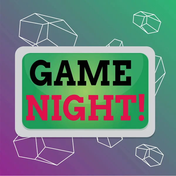 Woord schrijven tekst Game Night. Zakelijk concept voor meestal zijn opgeroepen op volwassen speeldata zoals poker met vrienden Board rechthoek wit frame leeg lege ruimte vaste kleur oppervlak plank. — Stockfoto