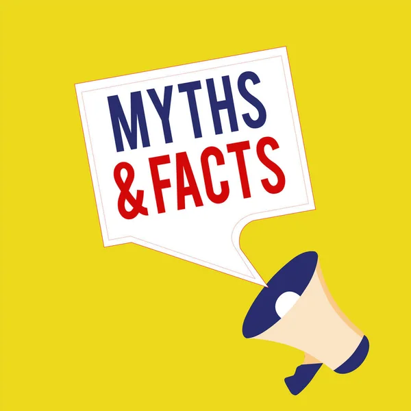Text sign showing Myths And Facts. Conceptual photo usually traditional story of ostensibly historical events Megaphone and Blank Bordered Square Speech Bubble Public Announcement.