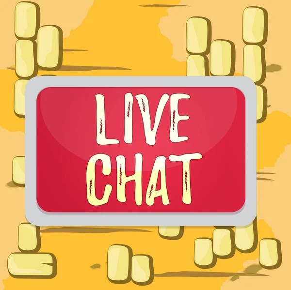 Λέξεις που γράφουν κείμενο Live Chat. Επιχειρηματική έννοια για να μιλήσετε με τον φίλο ή κάποιον μέσω του Διαδικτύου και το τηλέφωνο PC Διοικητικό Συμβούλιο ορθογώνιο λευκό πλαίσιο κενό κενό κενό χώρο σταθερή επιφάνεια χρώματος σανίδα. — Φωτογραφία Αρχείου