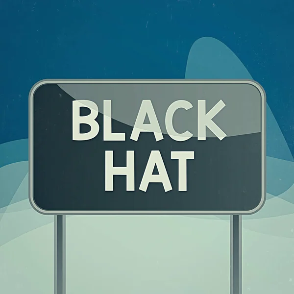 A escrever um bilhete a mostrar o Black Hat. Foto de negócios mostrando usado em referência a uma má demonstração especialmente um vilão ou criminoso Pólo metálico prancha painel vazio backgound colorido anexado . — Fotografia de Stock