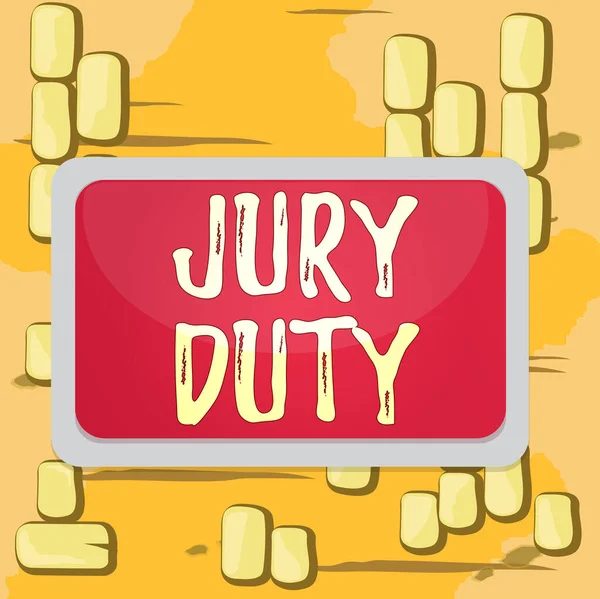 텍스트를 작성하는 단어 Jury Duty. 의무에 대한 비즈니스 개념 또는 법원 보드 사각형 흰색 프레임빈 공간 고정 색 표면 널빤지에서 배심원의 역할을 하는 기간. — 스톡 사진