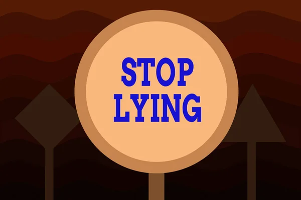 Handwriting text Stop Lying. Concept meaning put an end on chronic behavior of compulsive or habitual lying Three Blank Safety Road signs One lighted and two dark Street Signage. — Stock Photo, Image