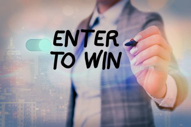 Enter To Win'i gösteren not yazma. Ödül kazanma ödülü için bir değer alışverişi gösteren iş fotoğrafı.