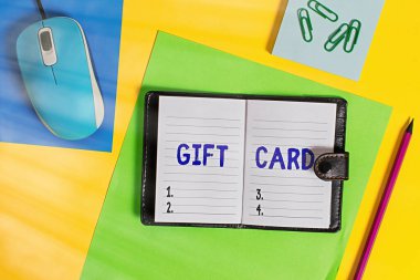 Writing note showing Gift Card. Business photo showcasing A present usually made of paper that contains your message Locked diary striped sheets marker notepad mouse colored background. clipart