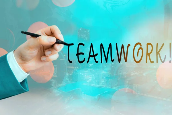 Conceptual hand writing showing Teamwork. Business photo text combined action of group especially when effective and efficient. — Stock Photo, Image