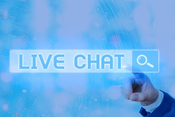 Nota di scrittura che mostra Live Chat. Foto aziendale in mostra parlare con un amico o qualcuno attraverso internet e telefono PC . — Foto Stock