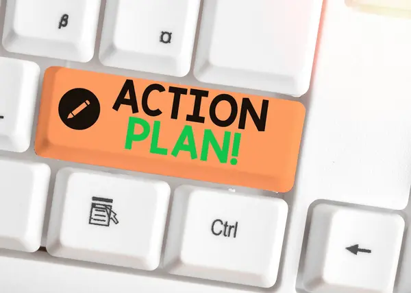 Note d'écriture montrant le plan d'action. Photo d'affaires présentant la stratégie proposée ou le plan d'action pour un certain temps . — Photo