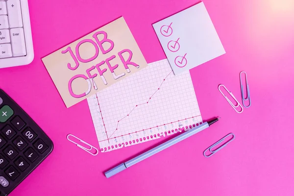 Text sign showing Job Offer. Conceptual photo A demonstrating or company that gives opurtunity for one s is employment Stationary and note paper plus math sheet with diagram picture on the table.