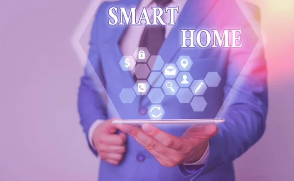 Χειρόγραφο κείμενο γραφής Smart Home. Έννοια έννοια αυτοματισμού σύστημα ελέγχου φωτισμού συστήματα ψυχαγωγίας του κλίματος. — Φωτογραφία Αρχείου