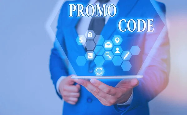 Handschrift Text Schreiben Promo-Code. Konzept bedeutet digitale Zahlen, die Ihnen einen guten Rabatt auf bestimmte Produkte geben. — Stockfoto