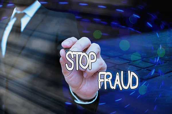 Texto de escritura de palabras Stop Fraud. Concepto de negocio para consejos de campaña que muestran tener cuidado con sus transacciones de dinero . —  Fotos de Stock