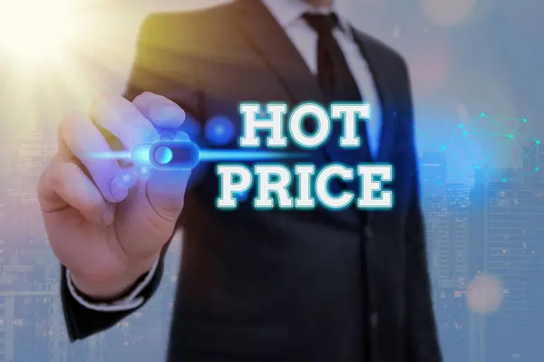 Escrevendo nota mostrando Hot Price. Foto de negócios mostrando Comprador ou vendedor pode obter algo para um produto vendido ou comprar . — Fotografia de Stock