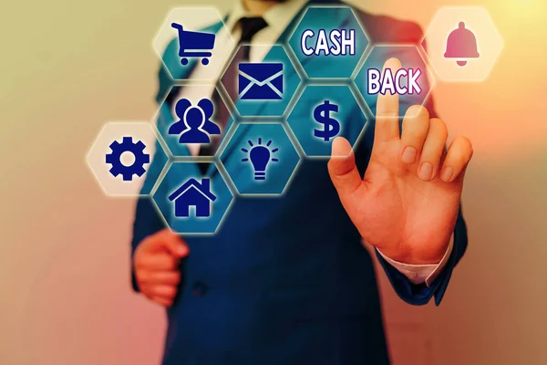 Escritura a mano conceptual que muestra Cash Back. Foto de negocios que denota una forma de incentivo ofrecido a los compradores de ciertos productos . — Foto de Stock
