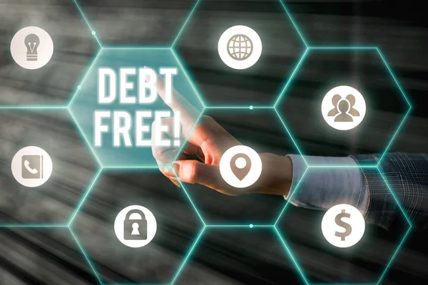 Text sign showing Debt Free. Conceptual photo free from owning any money to any individual or a company. — Stock Photo, Image
