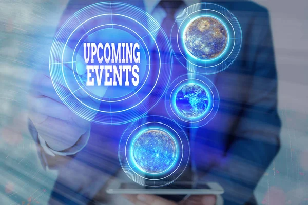 Word writing text Upcoming Events. Business concept for the approaching planned public or social occasions Elements of this image furnished by NASA. — Stock Photo, Image