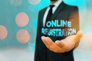 Çevrimiçi kayıt gösteren kavramsal el yazısı. İnternet üzerinden üye olmak veya kayıt olmak için iş fotoğrafı sistemi.