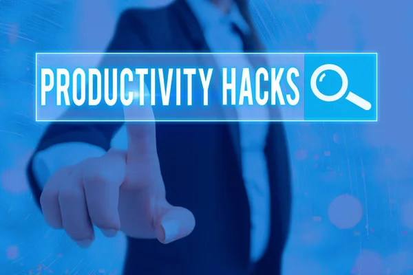 Note d'écriture montrant Productivity Hacks. Photo d'affaires présentant des astuces que vous obtenez plus fait dans la même quantité de temps . — Photo