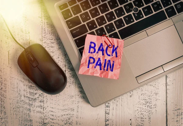 Writing note showing Back Pain. Business photo showcasing Soreness of the bones felt at the lower back portion of the body Trendy metallic laptop crushed colored paper note pen on wooden table.